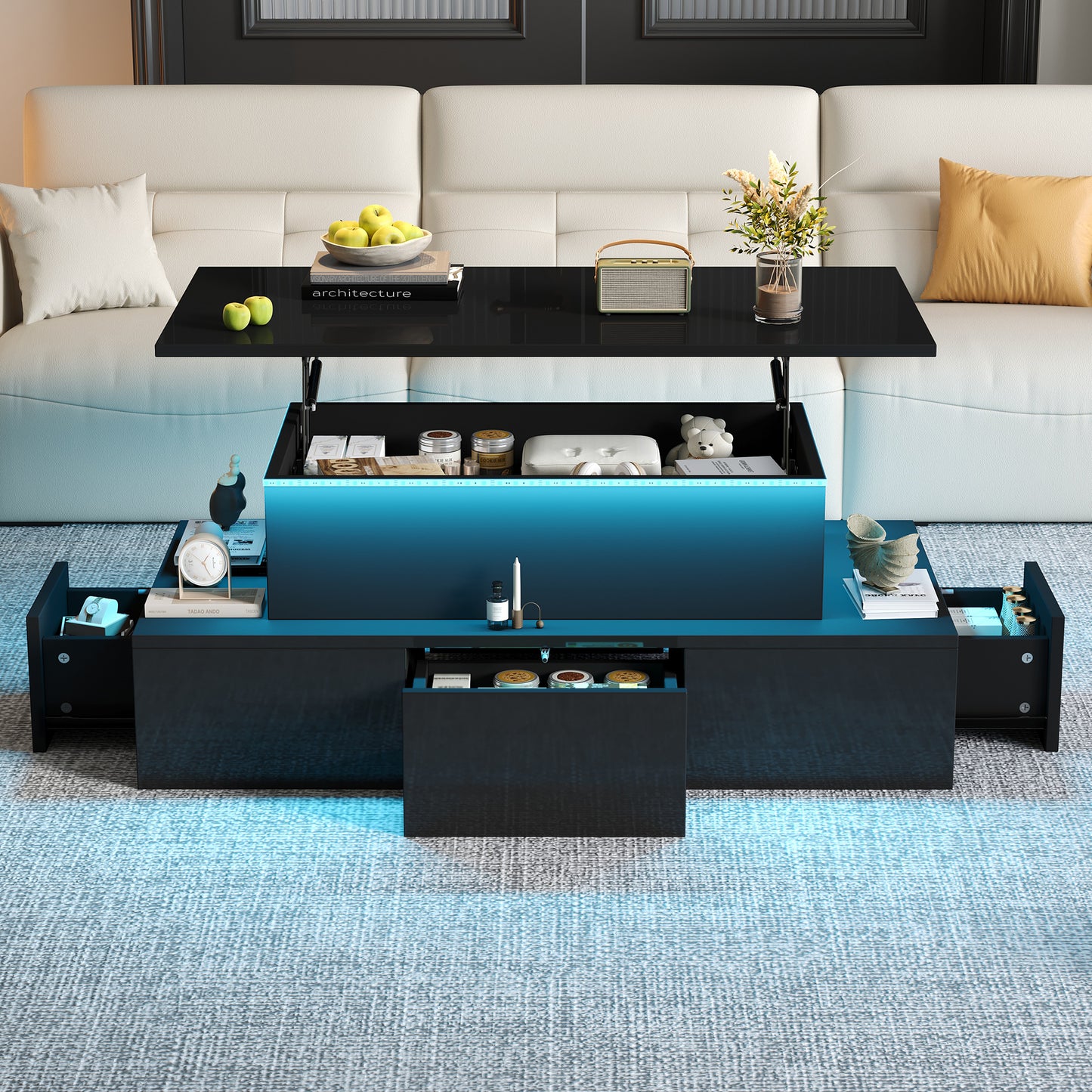 The Lumière | Liftable LED Coffee Table with Hidden Storage in Black