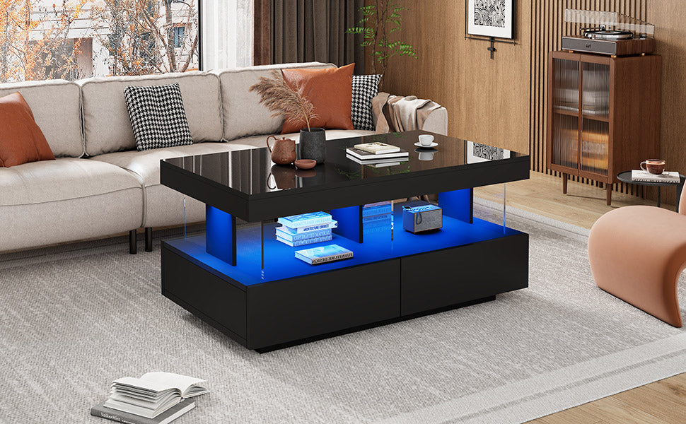 The Noir Lumière | High-Gloss LED Coffee Table with Drawers in Black
