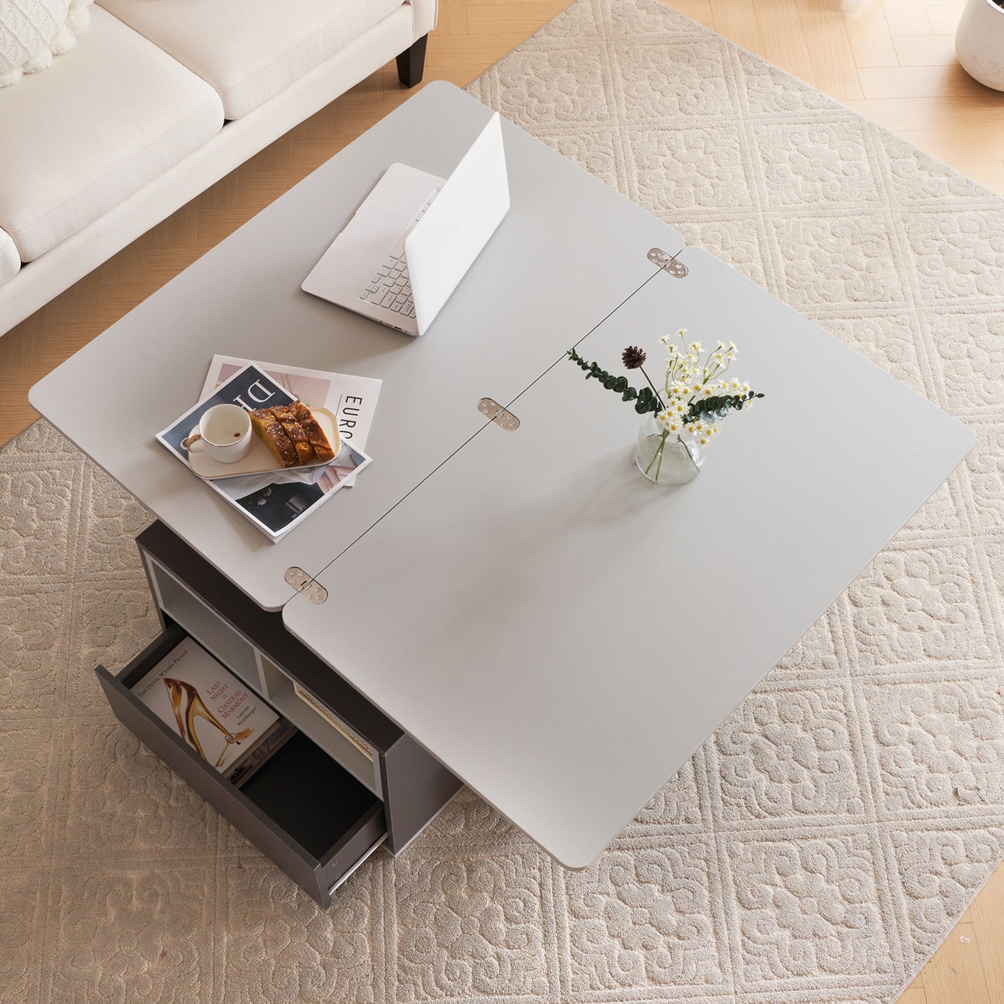 The Elevé | Lift-Top Coffee Table with Drawers in Grey