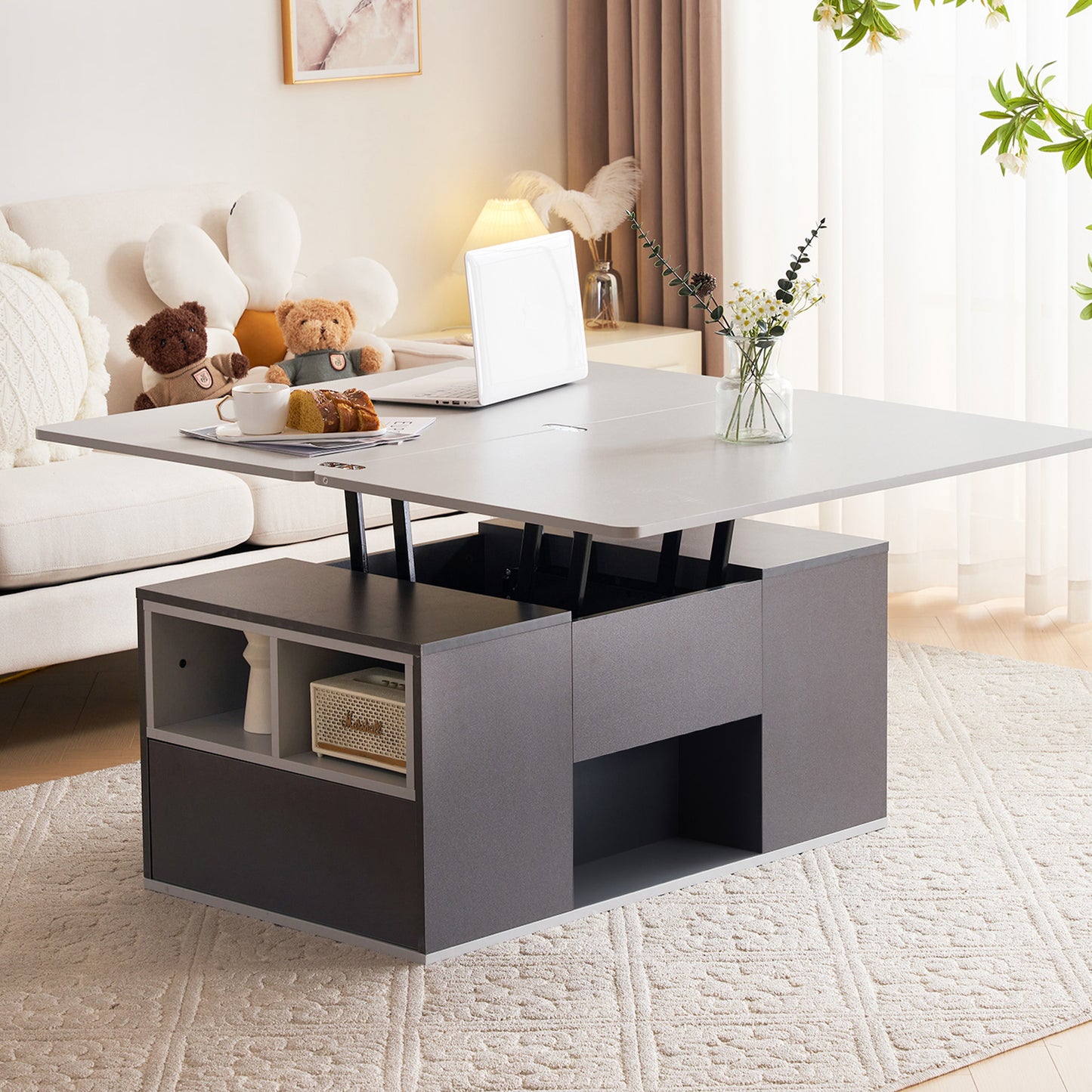 The Elevé | Lift-Top Coffee Table with Drawers in Grey