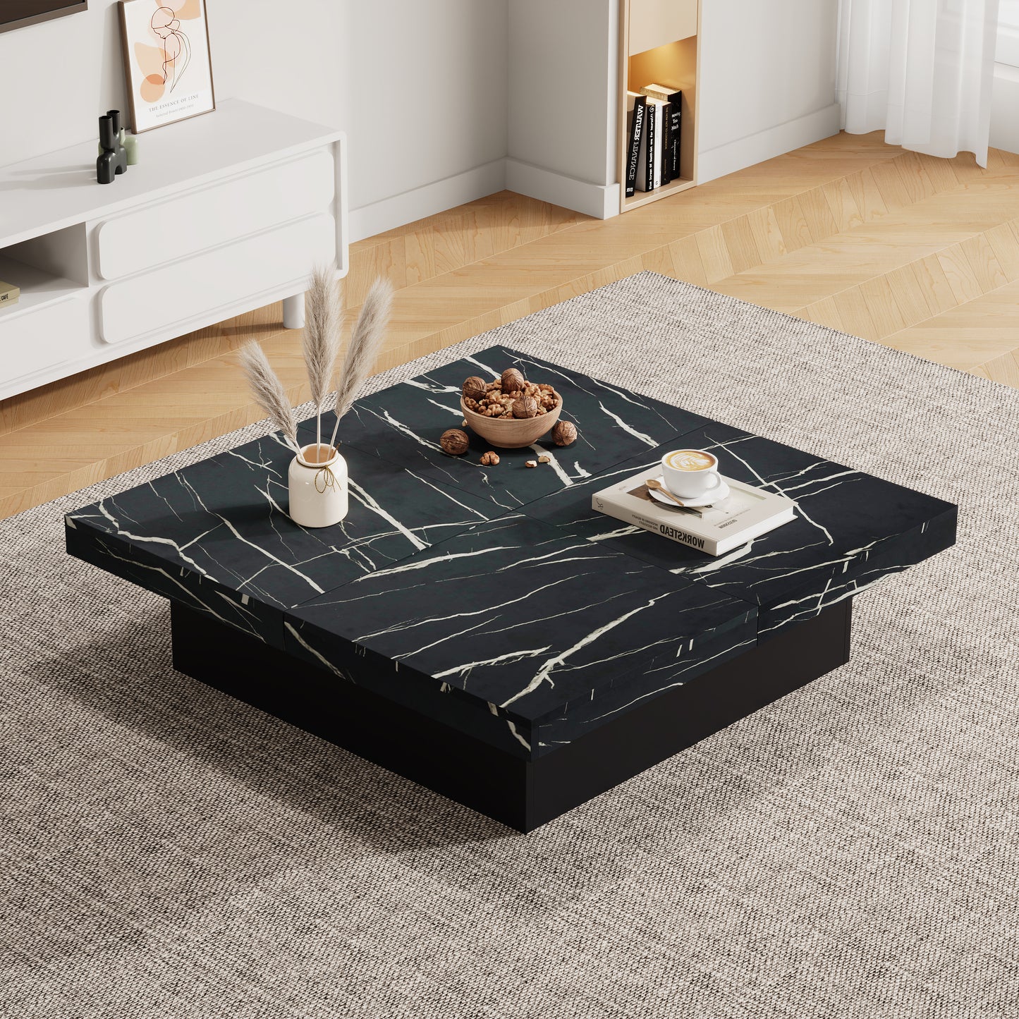 The Marbre | Marble-Look Square Coffee Table with Sliding Drawers