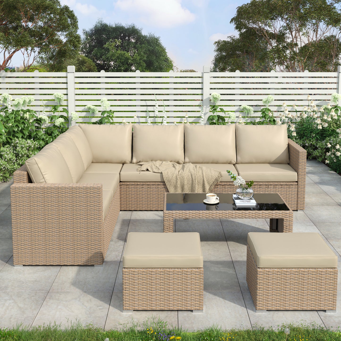 The Terrace | Luxury 8-Seater Rattan Corner Sofa Set in Khaki