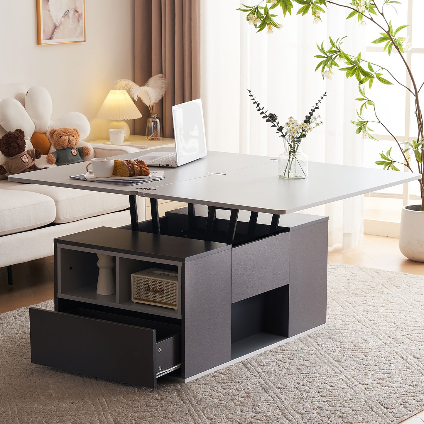 The Elevé | Lift-Top Coffee Table with Drawers in Grey