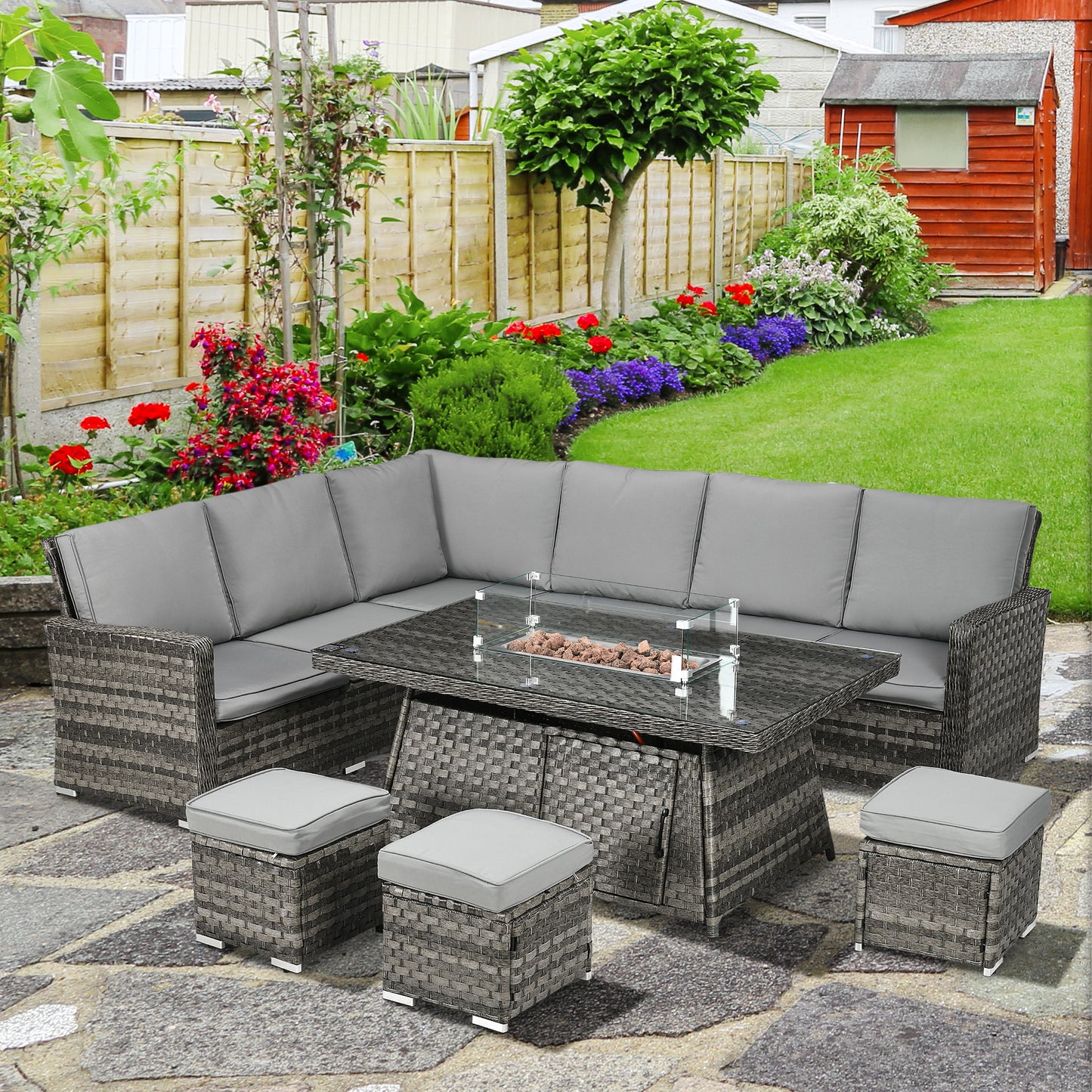 The Ember | 7-Piece Rattan Fire Pit Corner Sofa Set in Grey