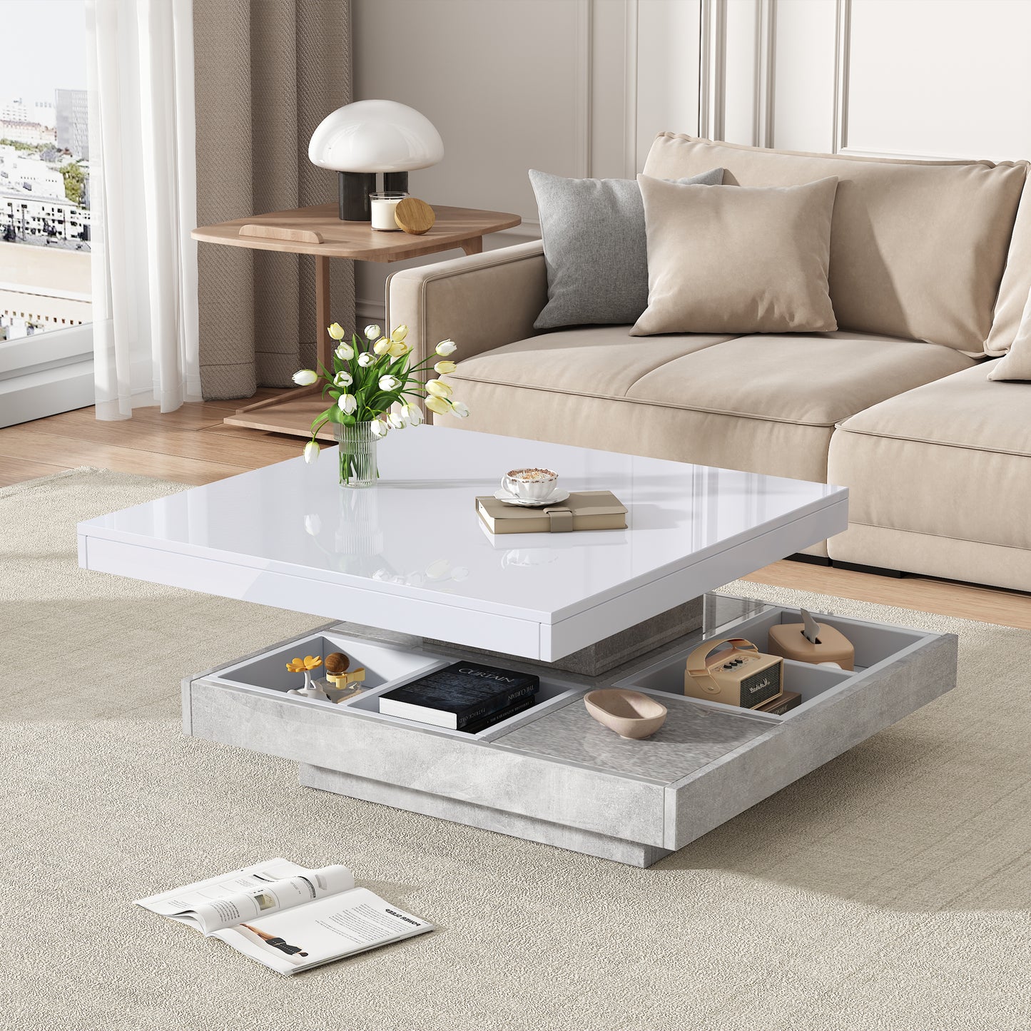 The Pivôt | 360° Rotating Marble-Look Coffee Table in White