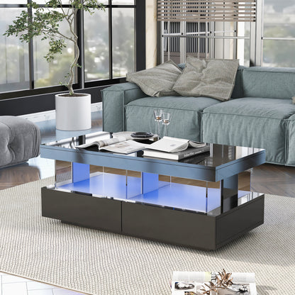The Noir Lumière | High-Gloss LED Coffee Table with Drawers in Black