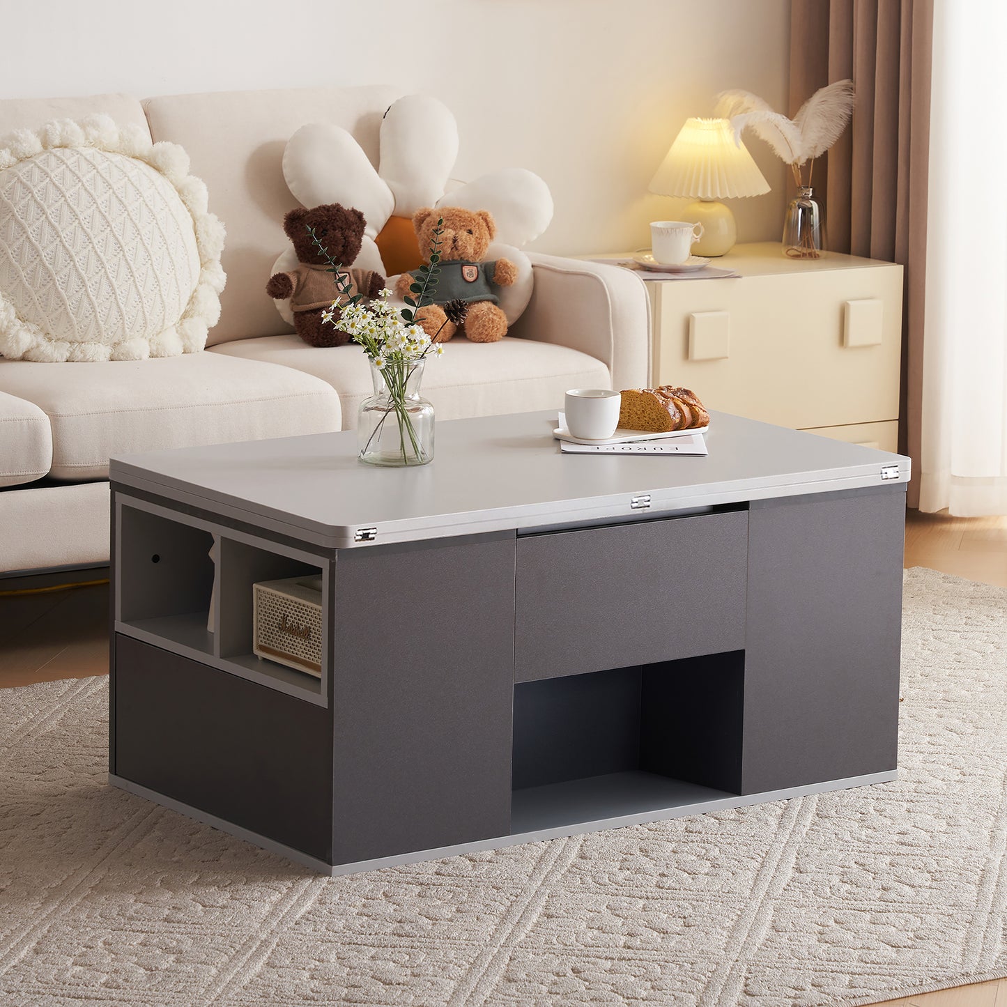 The Elevé | Lift-Top Coffee Table with Drawers in Grey
