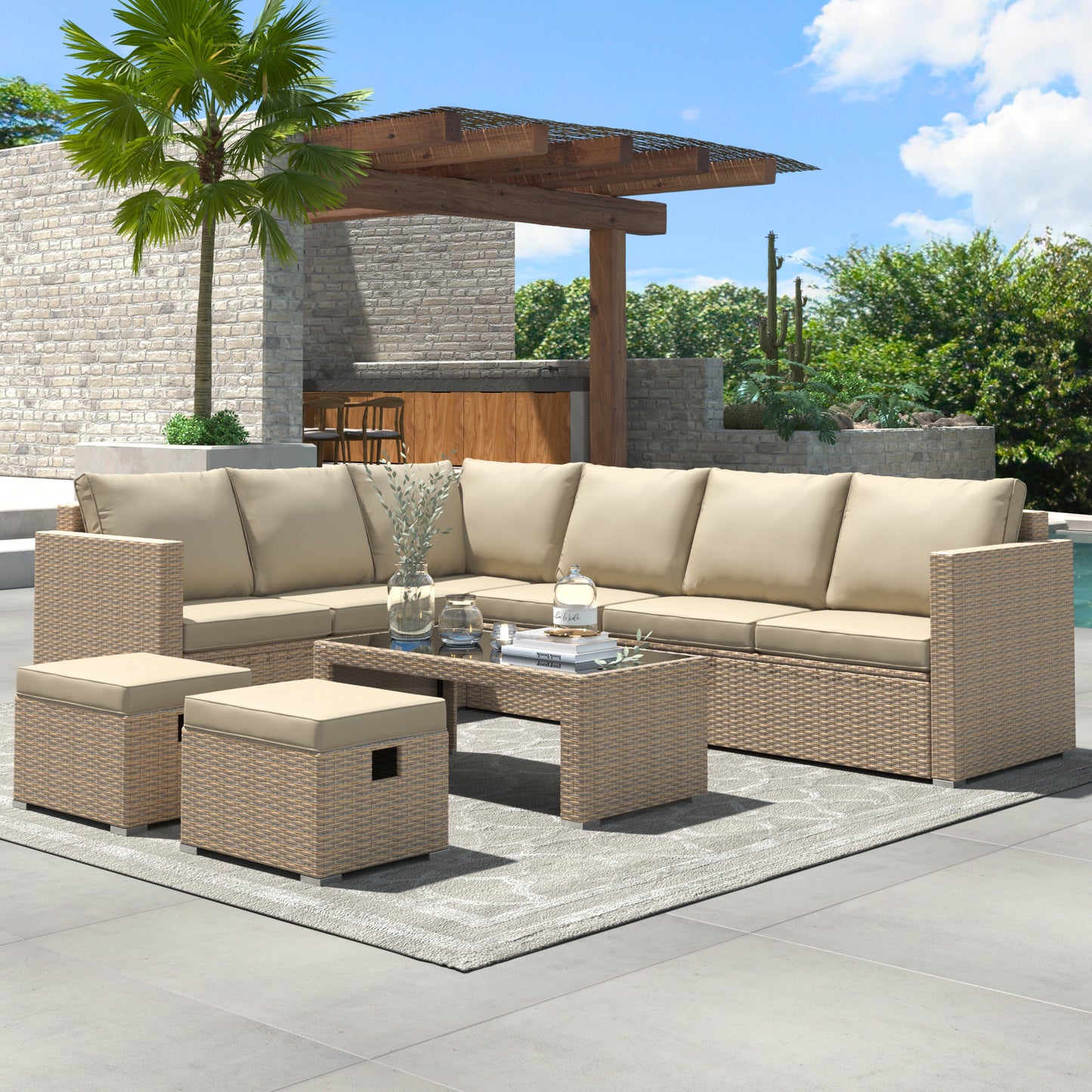 The Terrace | Luxury 8-Seater Rattan Corner Sofa Set in Khaki
