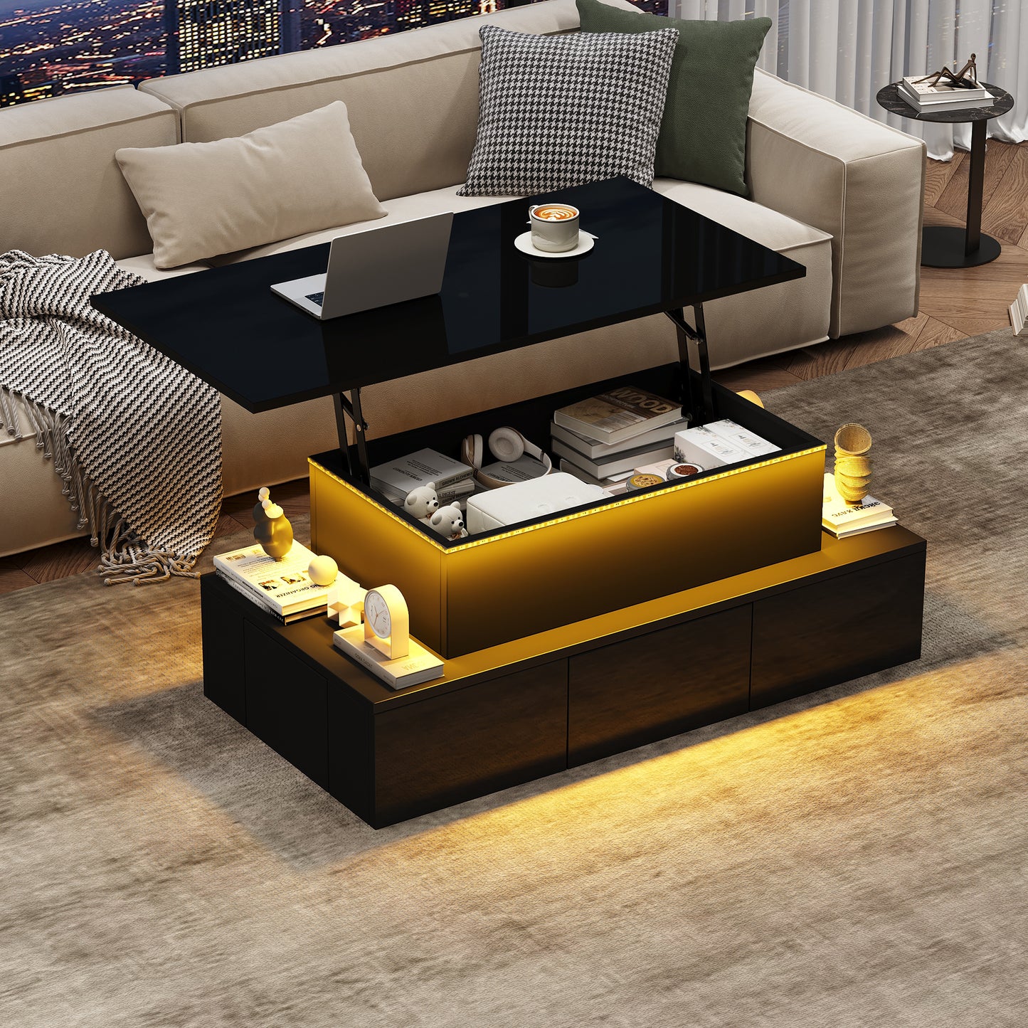 The Lumière | Liftable LED Coffee Table with Hidden Storage in Black