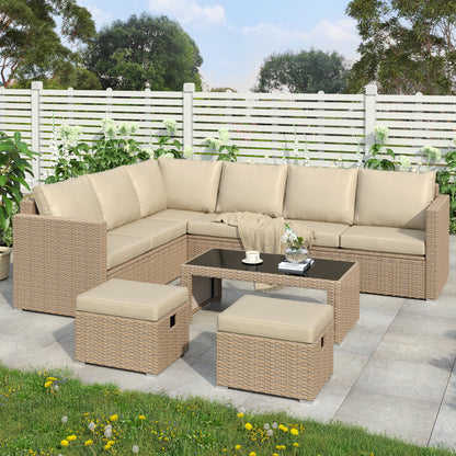 The Terrace | Luxury 8-Seater Rattan Corner Sofa Set in Khaki