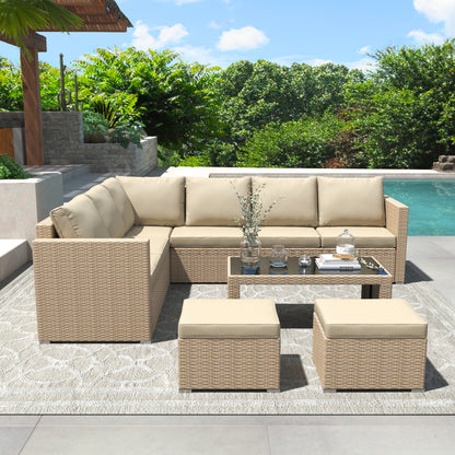 The Terrace | Luxury 8-Seater Rattan Corner Sofa Set in Khaki