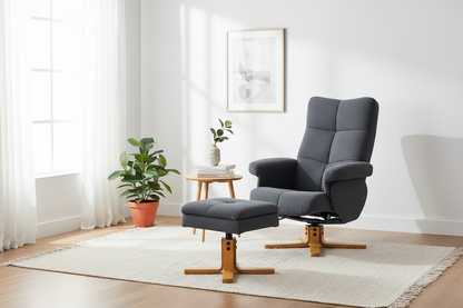 The Settle | Linen Recliner Chair with Storage Ottoman in Grey