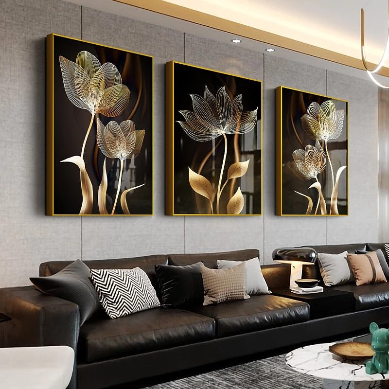 The Botanica | Gold Floral 3-Panel Canvas Wall Art