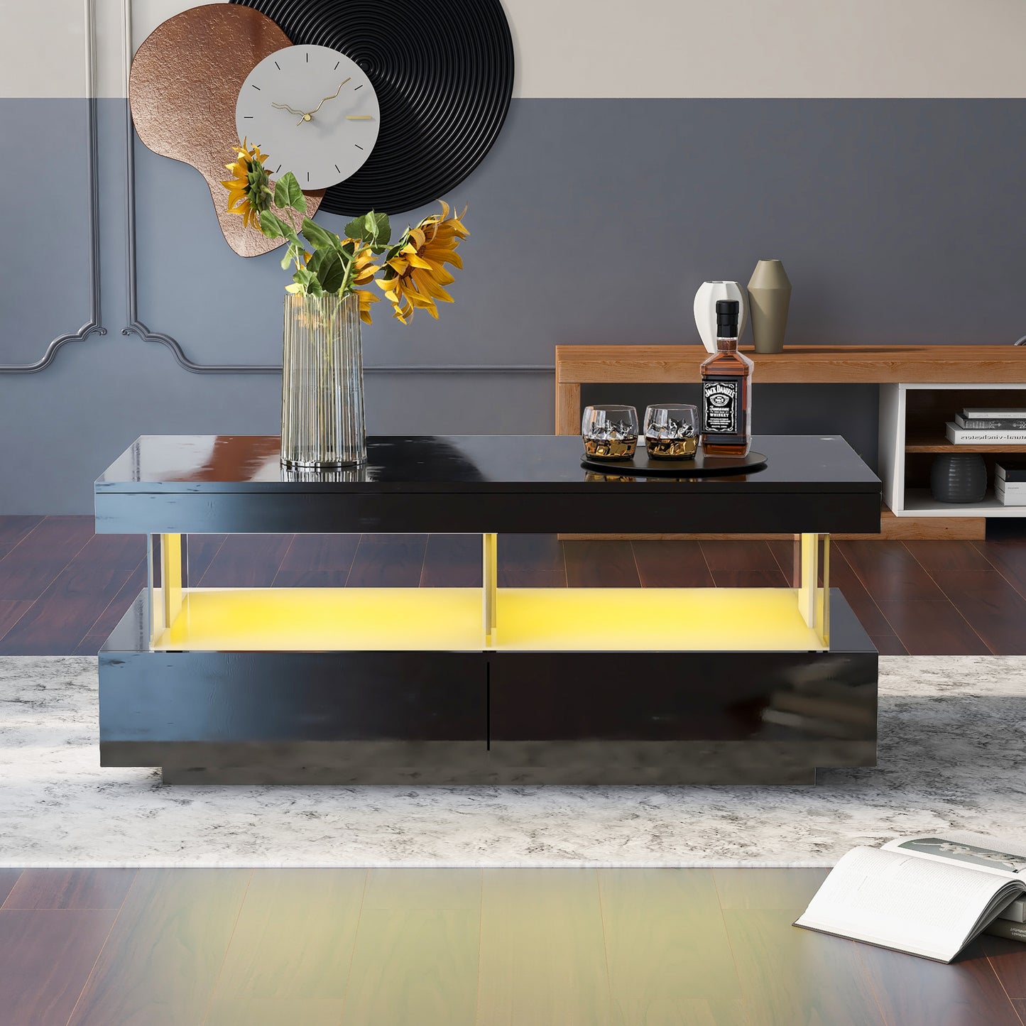 The Noir Lumière | High-Gloss LED Coffee Table with Drawers in Black