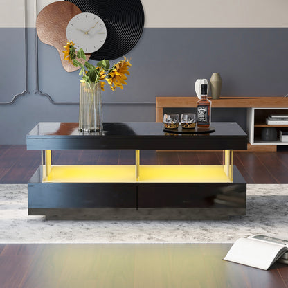 The Noir Lumière | High-Gloss LED Coffee Table with Drawers in Black