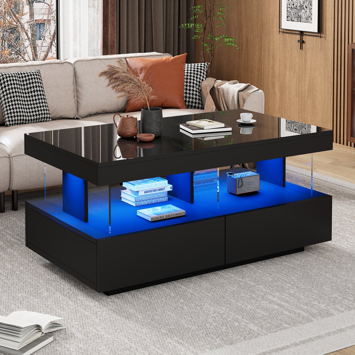 The Noir Lumière | High-Gloss LED Coffee Table with Drawers in Black