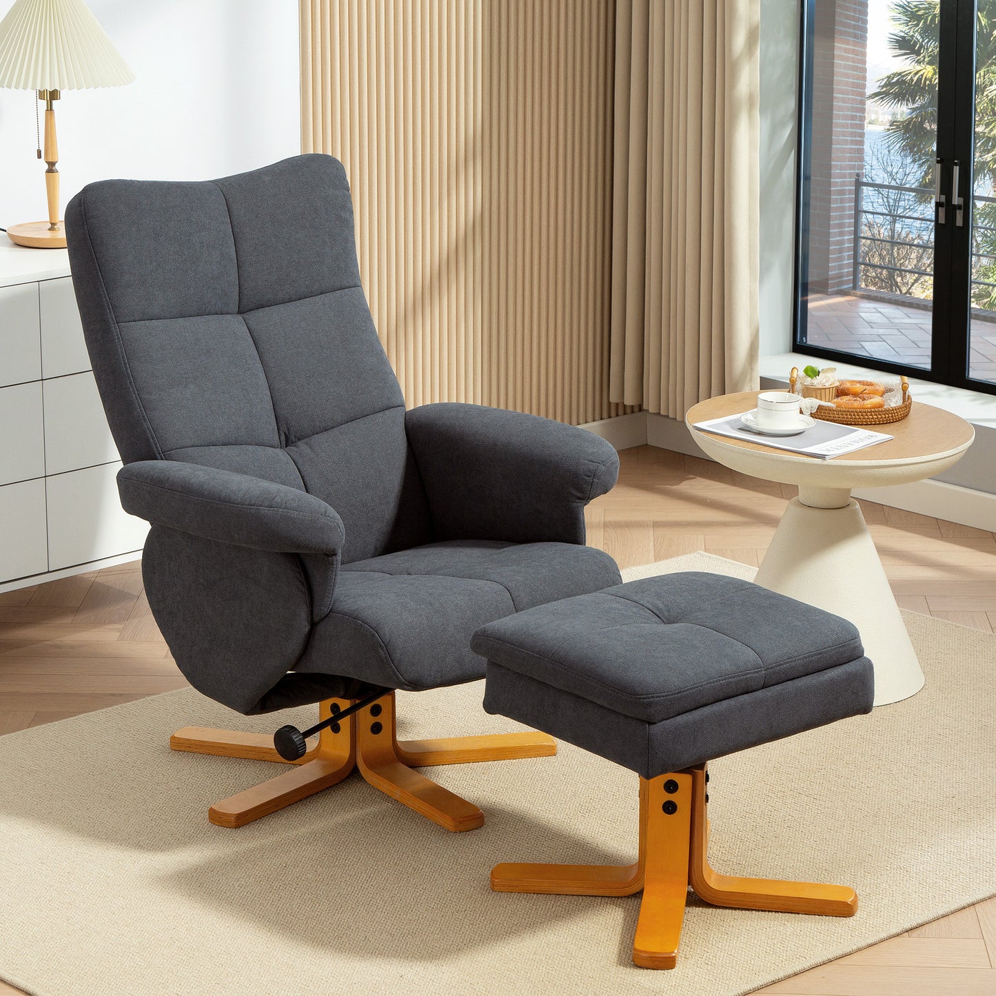 The Settle | Linen Recliner Chair with Storage Ottoman in Grey