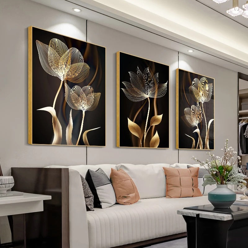 The Botanica | Gold Floral 3-Panel Canvas Wall Art