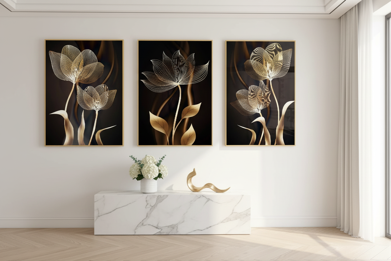 The Botanica | Gold Floral 3-Panel Canvas Wall Art