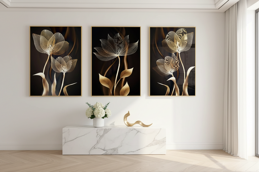 The Botanica | Gold Floral 3-Panel Canvas Wall Art