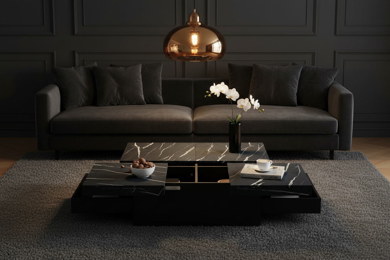 The Marbre | Marble-Look Square Coffee Table with Sliding Drawers