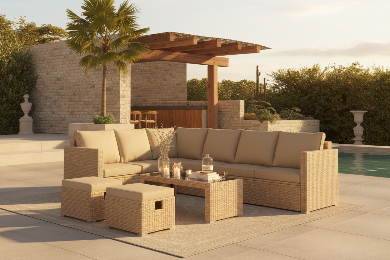 The Terrace | Luxury 8-Seater Rattan Corner Sofa Set in Khaki